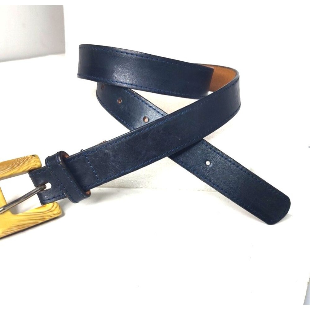 Joan & David for Nordstrom Womens M Navy Blue Leather Belt w Ivory color Buckle - Picture 7 of 8